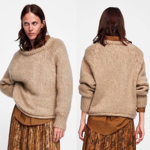 ZARA Chunky Open Knit Cropped Slouchy Boxy Sweater Round Neck Wool Mohair Blend - Picture 2 of 16